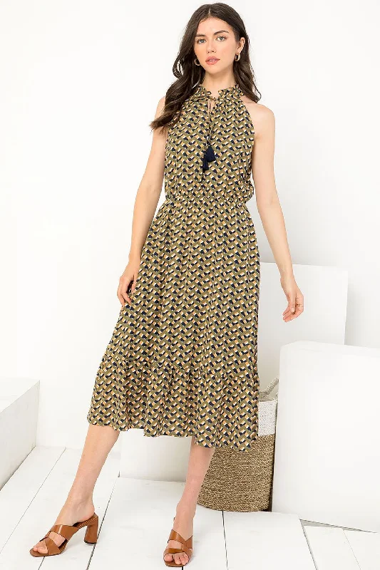 Halter Tassel Tie Printed Midi Dress