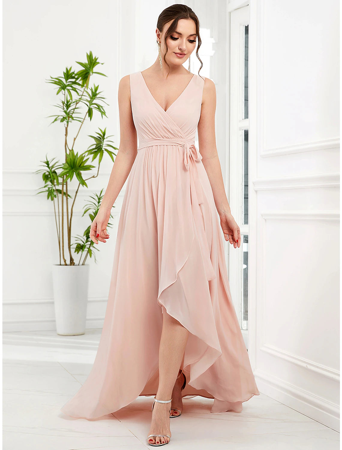 A-Line Wedding Guest Dresses Elegant Dress Party Wear Wedding Party Asymmetrical Sleeveless V Neck Bridesmaid Dress Chiffon with Ruffles Strappy