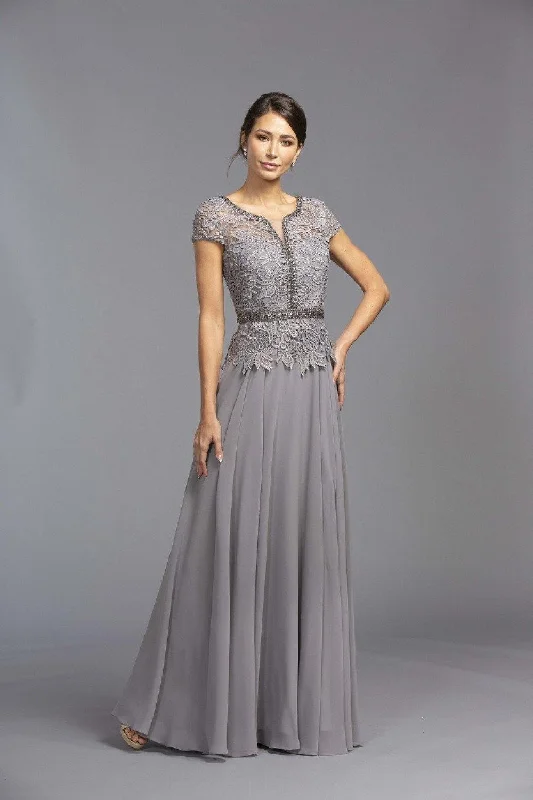 Short Sleeved Beaded A-Line Long Formal Dress Gray