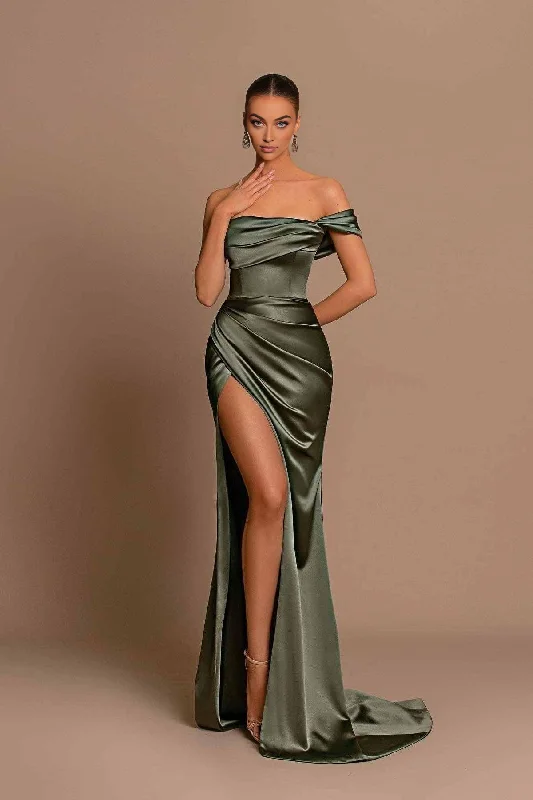 Prom Dress Off The Shoulder Satin for Ruched Bridesmaid Dresses High Slit Corset Evening Gowns Formal Wear Dresses