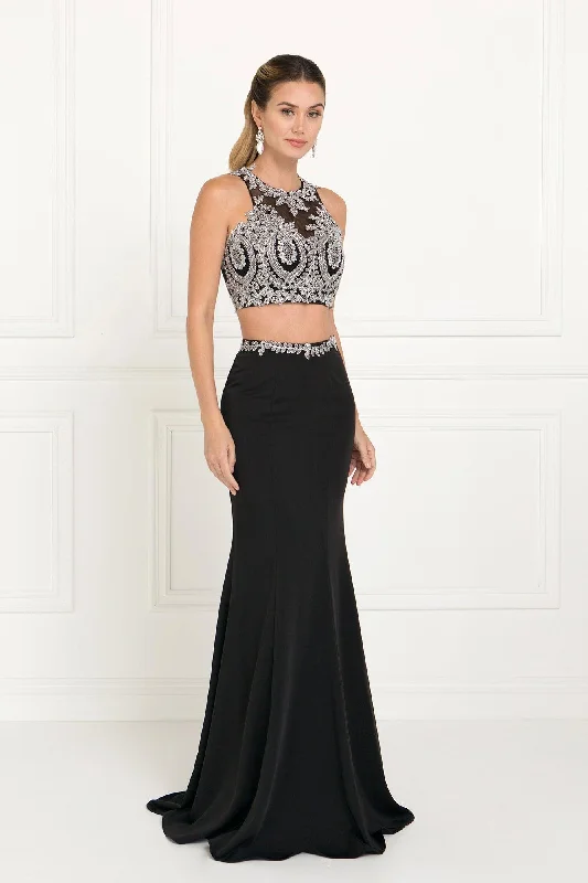 Prom Long Formal Dress Two Piece Halter Evening Gown