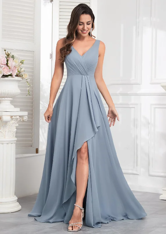 Prom Dress Ruffle Bridesmaid Dresses Long Slit Chiffon Pleated Evening Dress Wedding Guest Dresses Formal Wear Dresses