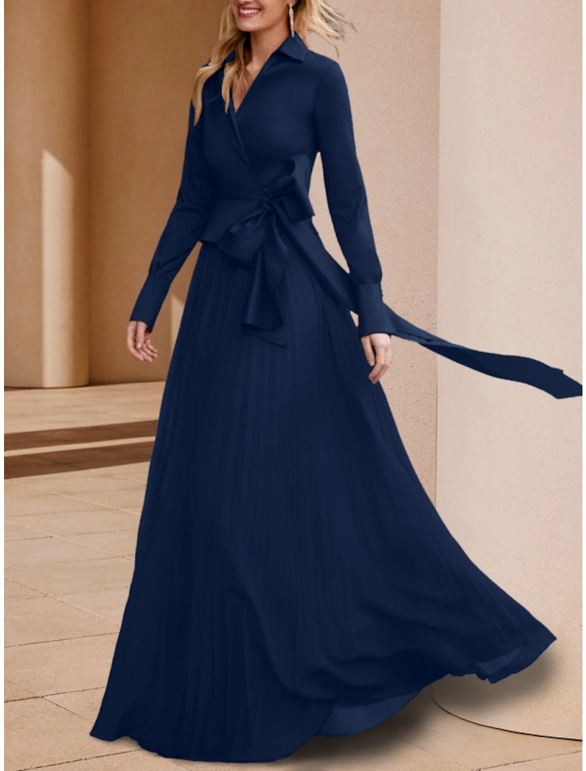 Wedding Guest Elegant V Neck Floor Length Stretch Chiffon Long Sleeve with Bow(s) Solid Color Mother of the Bride Dress 