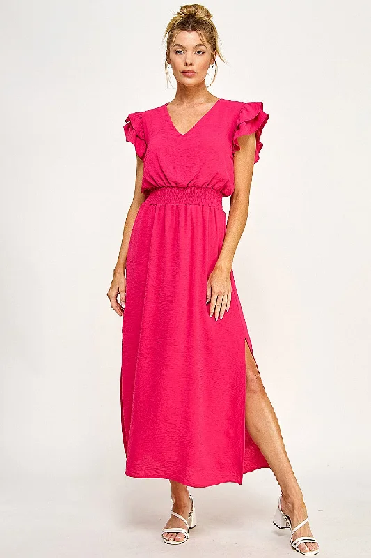 Long V Neck Side Slit Maxi Dress