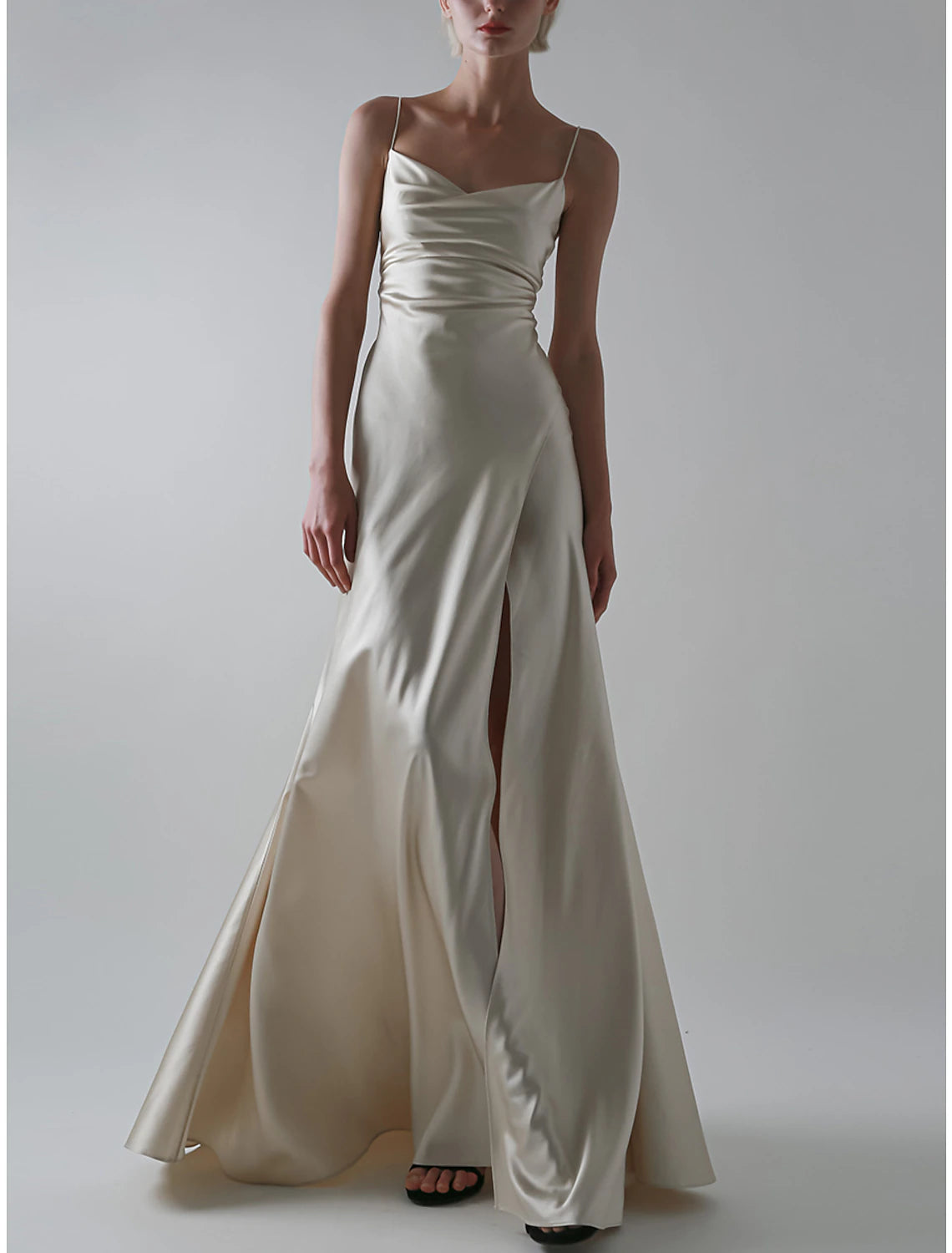 A-Line Evening Gown Sexy Dress Wedding Guest Prom Floor Length Sleeveless Spaghetti Strap Satin with Slit Pure Color