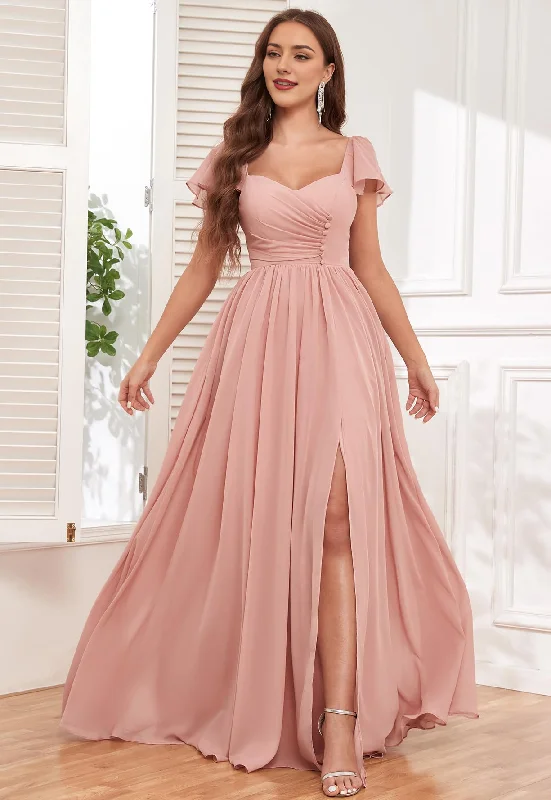 Prom Dress Short Sleeve Bridesmaid Dresses Side Fork Chiffon Ruched Long Evening Gown Wedding Guest Dresses Formal Wear Dresses