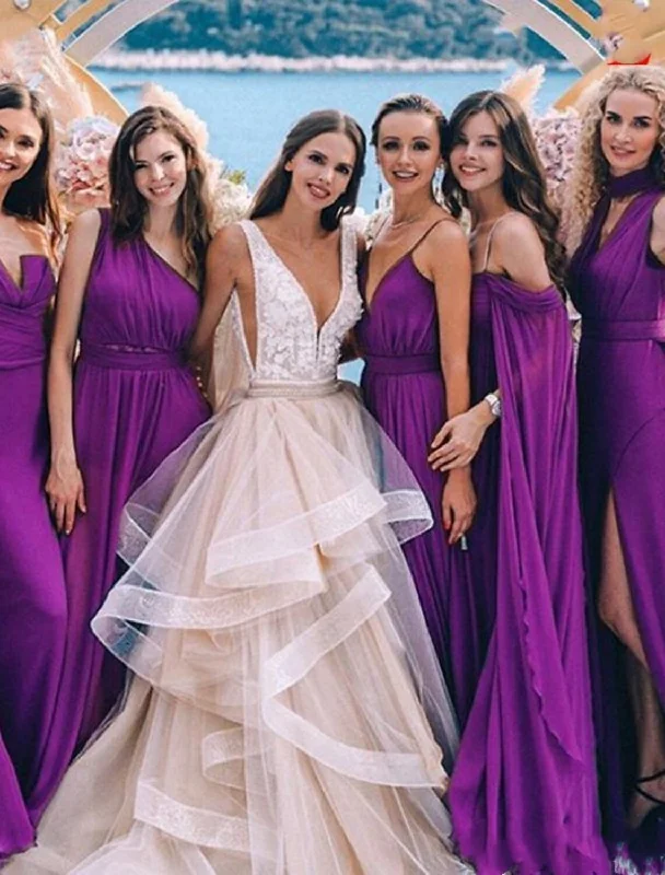 A-Line Bridesmaid Dress One Shoulder / V Neck Sleeveless Elegant Sweep / Brush Train Chiffon with Split Front / Solid Color