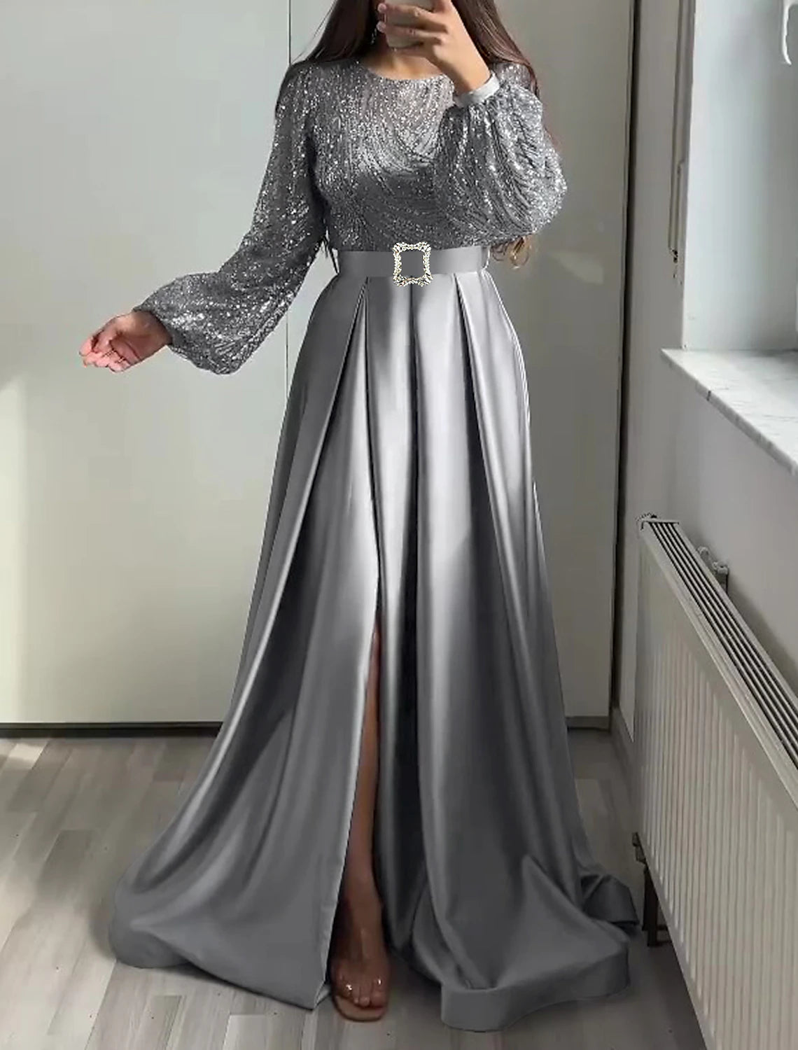 A-Line Evening Gown Glittering Dress Wedding Black Tie Floor Length Long Sleeve Jewel Neck Fall Wedding Guest Satin with Sequin