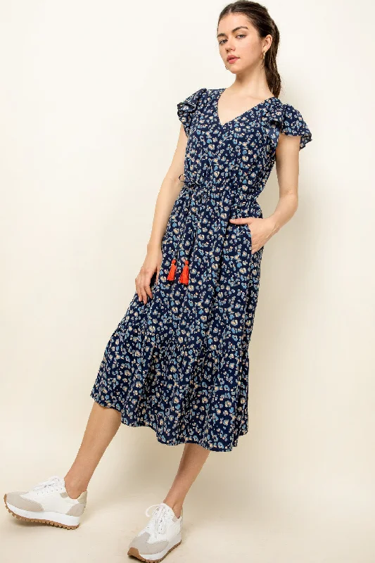 Tassel Tie Flutter Sleeve Print Midi Dress