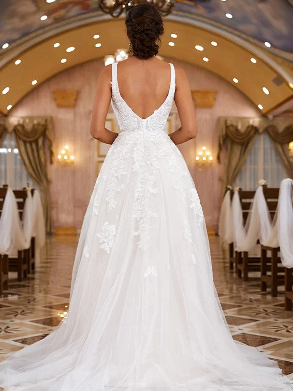 A-Line/Princess Lace Applique V-neck Sleeveless Sweep/Brush Train Wedding Dresses