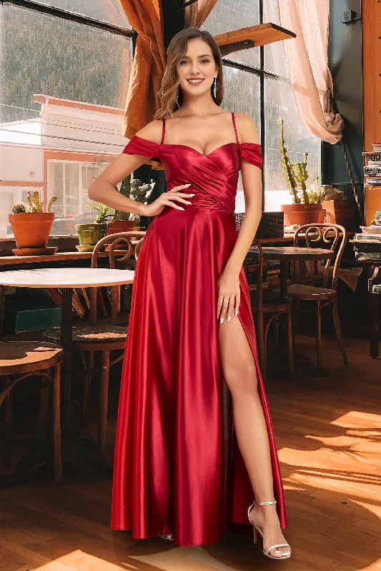 Prom Dress A Line Off Shoulder Satin Bridesmaid Dresses Spaghetti Strap Long Ruched Side Fork Wedding Guest Dresses Formal Wear Dresses