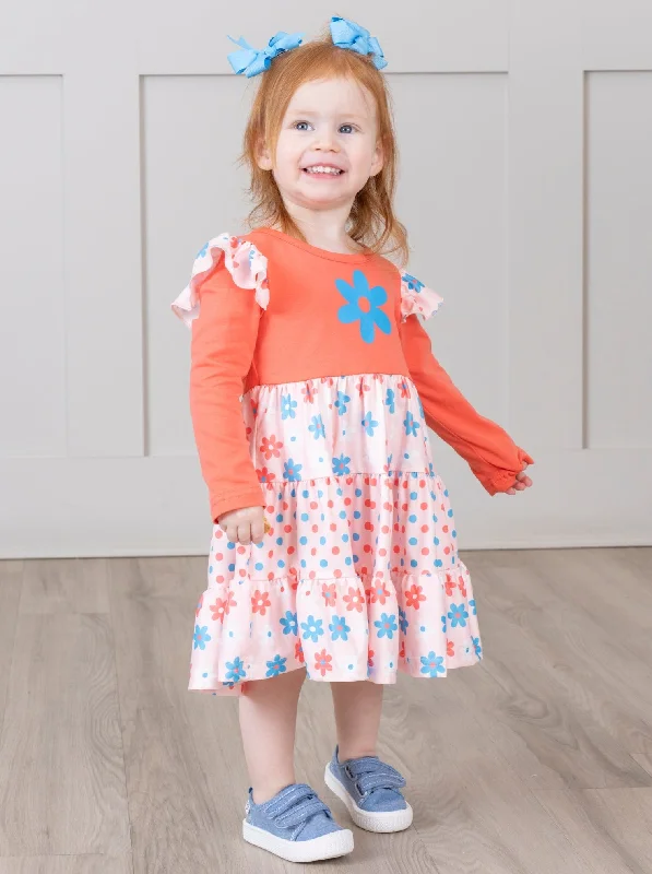 Blue & Orange Daisies Ruffle Dress