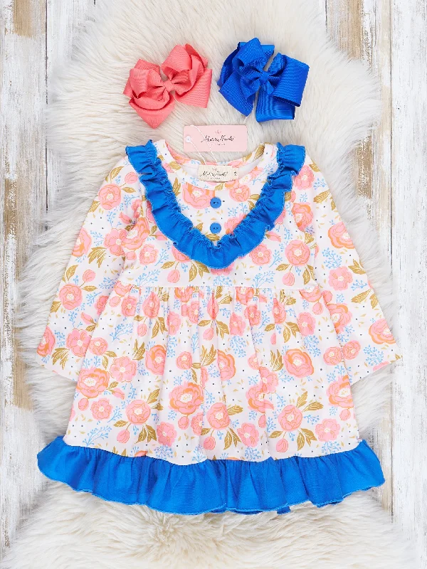 Coral & Blue Rose Garden Ruffle Dress