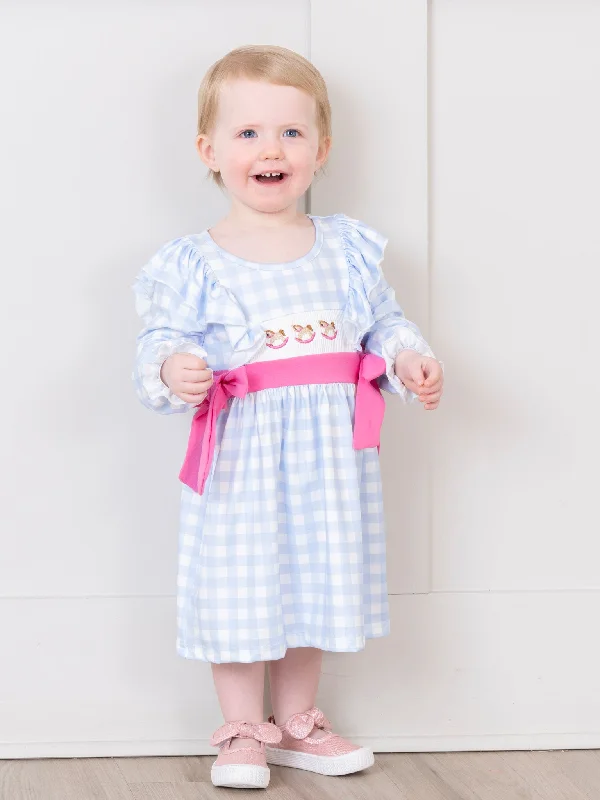 Light Blue Plaid Embroidered Rocking Horse Dress