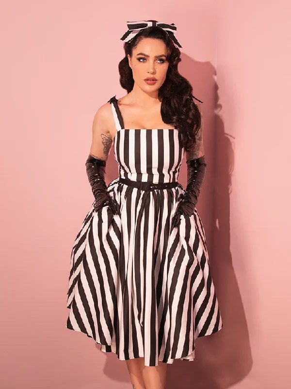 Dream House Swing Dress and Matching Hair Bow in Thick Black and White Stripes - Vixen by Micheline Pitt