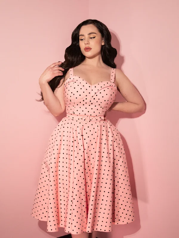 COMING BACK SOON - Maneater Swing Dress in Rose Pink Polka Dot - Vixen by Micheline Pitt