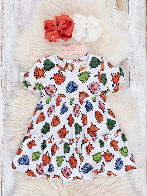 White Spooky Nights Neon Pumpkins Tiered Ruffle Dress