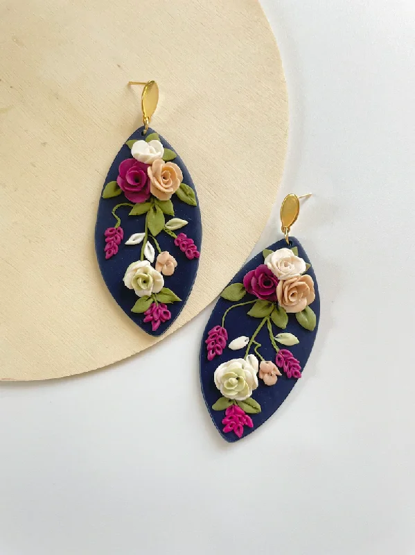 Blue Wild Rose Statement Dangle Earrings