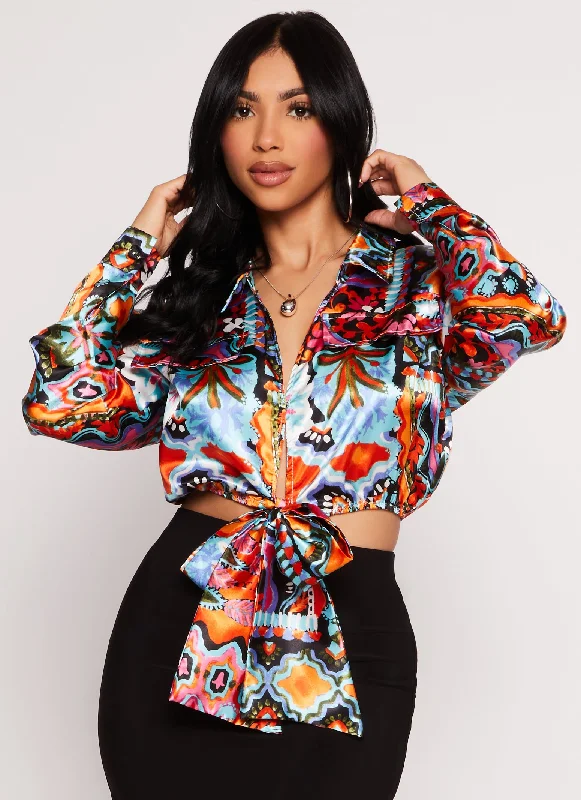 Satin Printed Long Sleeve Tie Front Blouse