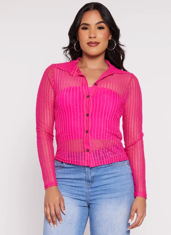 Mesh Striped Button Front Blouse