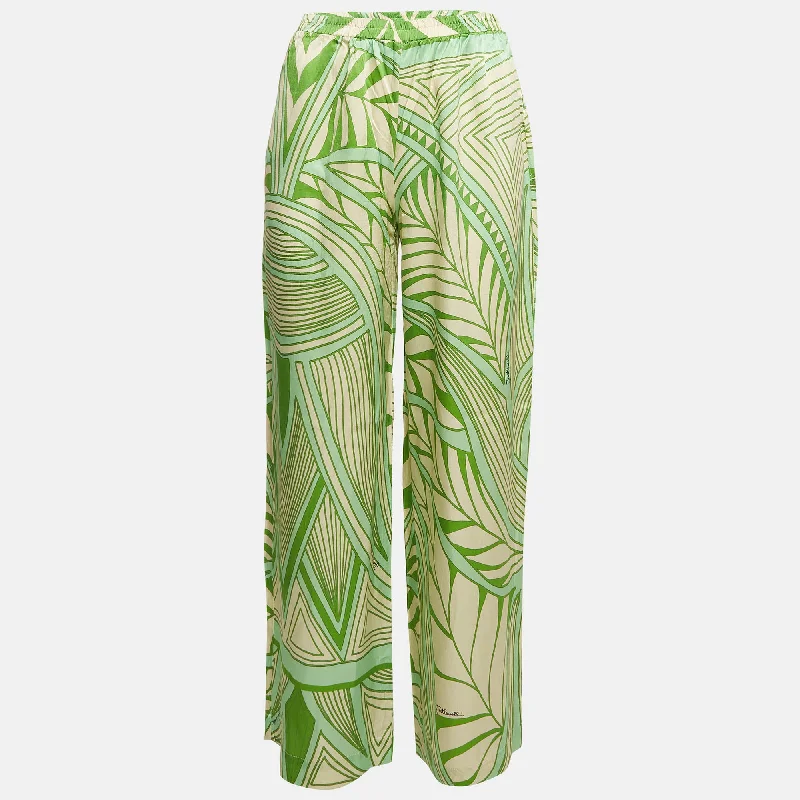 Just Cavalli Green Printed Silk Wide-Leg Pants