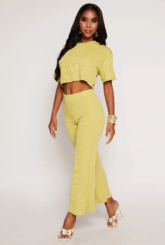 Rib Knit High Waisted Wide Leg Pants