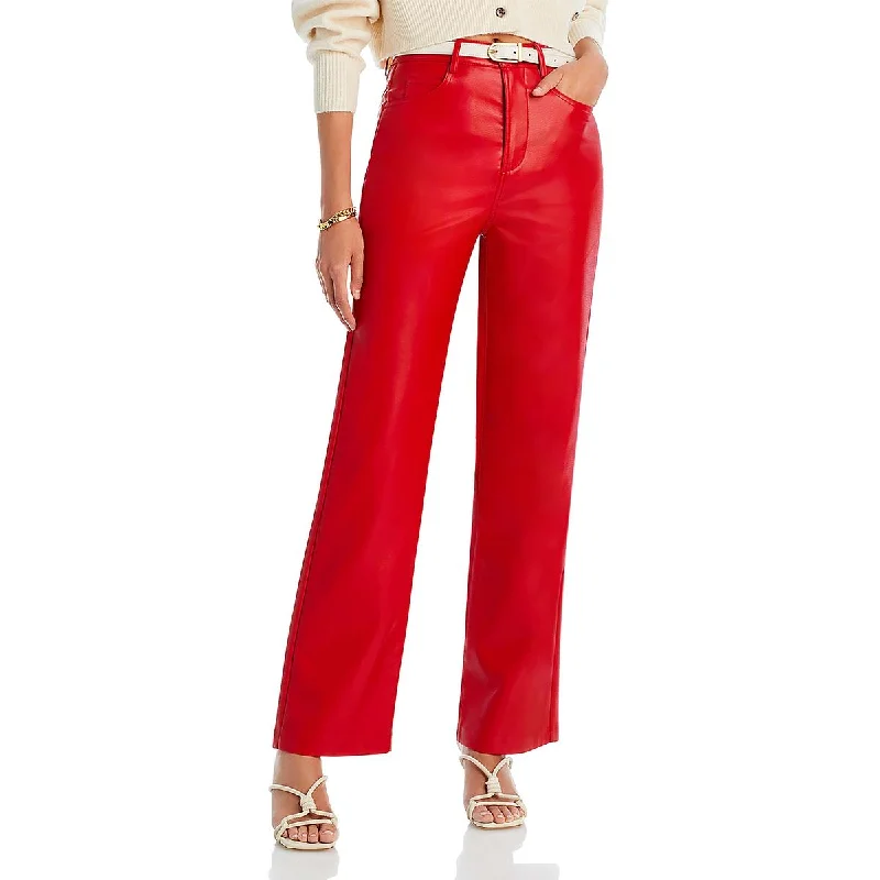 Womens Faux Leather Solid Straight Leg Pants