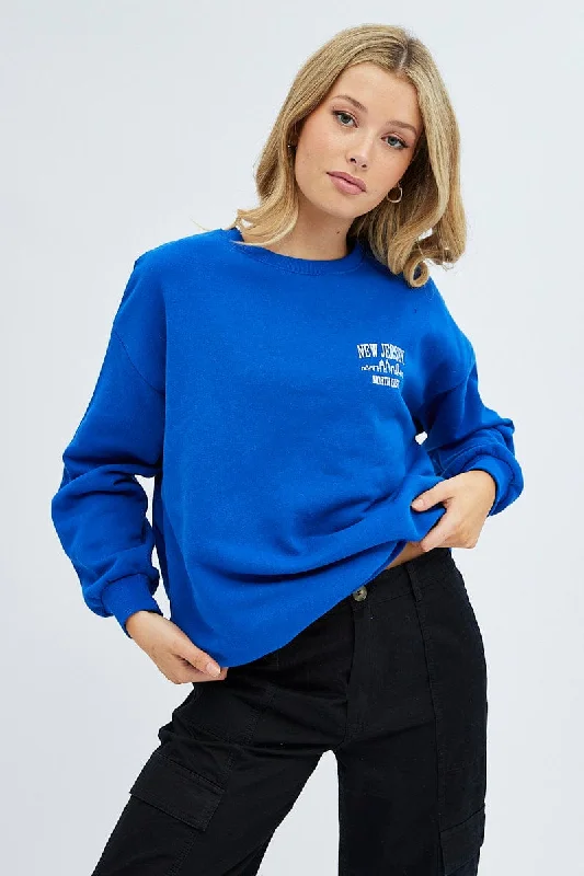 Blue Graphic Sweater Long Sleeve Slightly Stretch