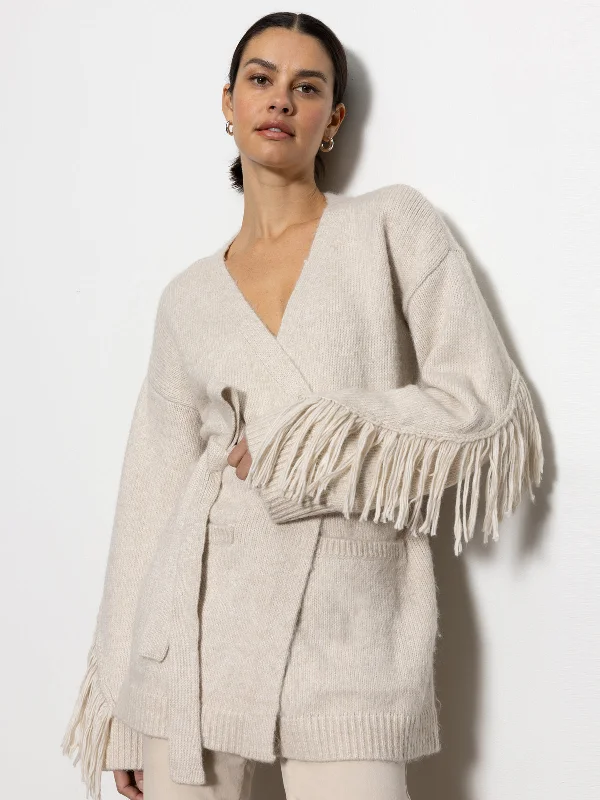 Fringe Belted Cardi Heather Oatmeal