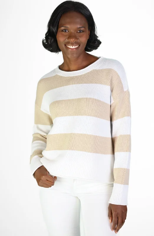 Tan & White Stripe Drop Shoulder Sweater