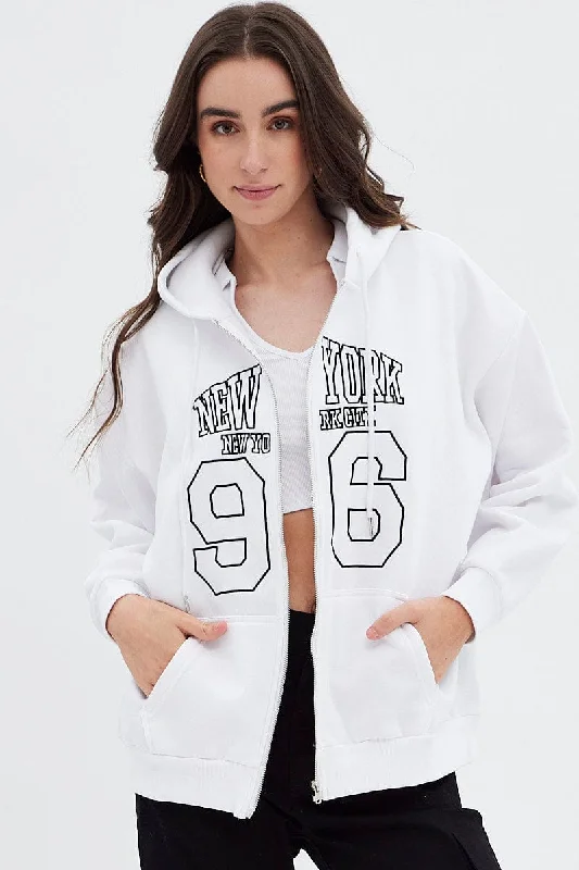 White Hoodie Zip Long Sleeve New York Embroidery