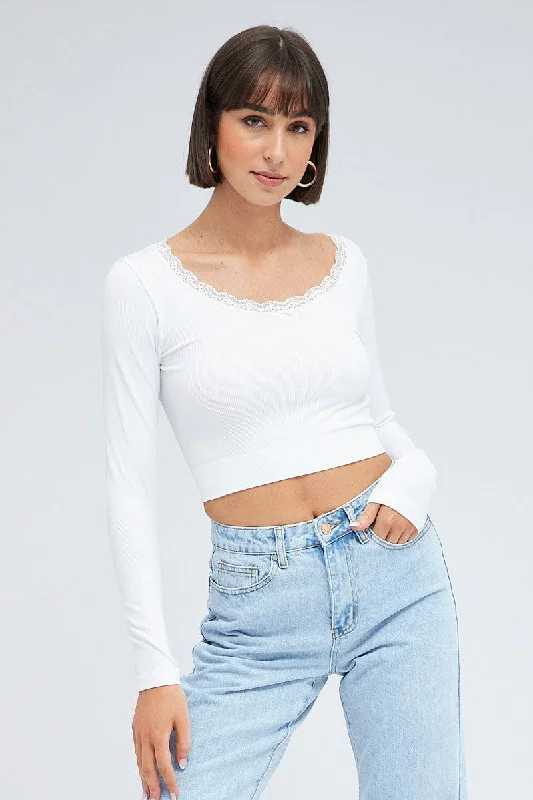 White Top Long Sleeve Round Neck Seamless